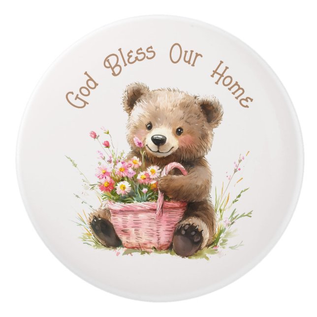God Bless Our Home Cute Teddy Bear  Ceramic Knob (Front)