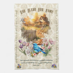 God Bless Our Home Damask Kitchen Towel