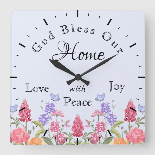 God Bless Our Home Floral Wildflowers Blue Square Wall Clock (Front)