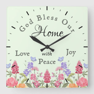 God Bless Our Home Floral Wildflowers Green Square Wall Clock