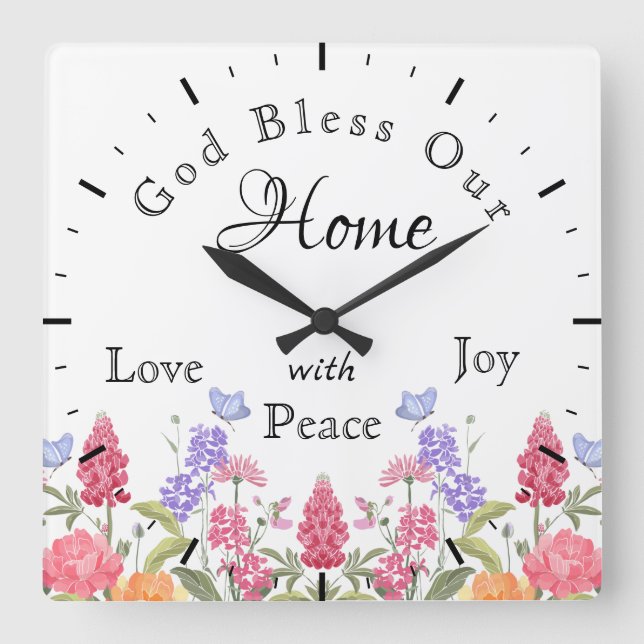 God Bless Our Home Floral Wildflowers White Square Wall Clock (Front)