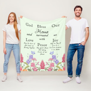 God Bless Our Home Green Floral Wildflowers Fleece Blanket