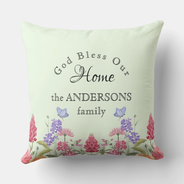 God Bless Our Home Green Wildflower Family Name Cushion (Back)