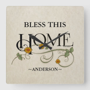 God Bless Our Home: Personalised Square Wall Clock
