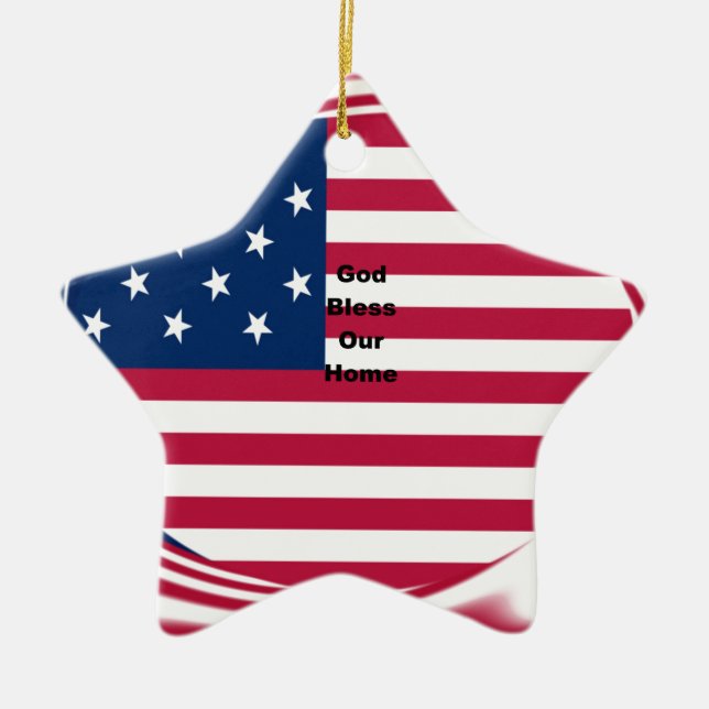 God Bless Our Home: USA Flag Swirl Art Ceramic Tree Decoration (Front)