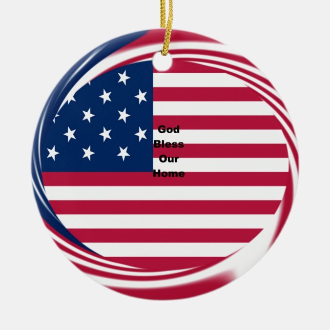 God Bless Our Home: USA Flag Swirl Art Ceramic Tree Decoration (Front)