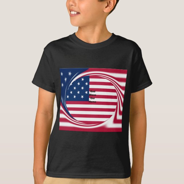 God Bless Our Home: USA Flag Swirl Art T-Shirt (Front)