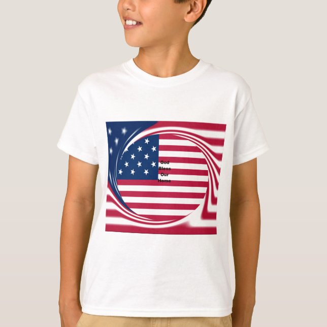 God Bless Our Home: USA Flag Swirl Art T-Shirt (Front)