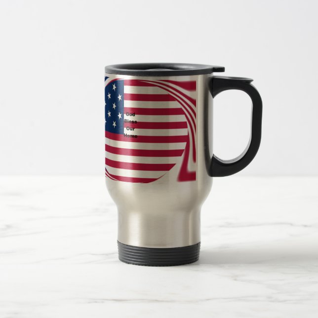 God Bless Our Home: USA Flag Swirl Art Travel Mug (Right)
