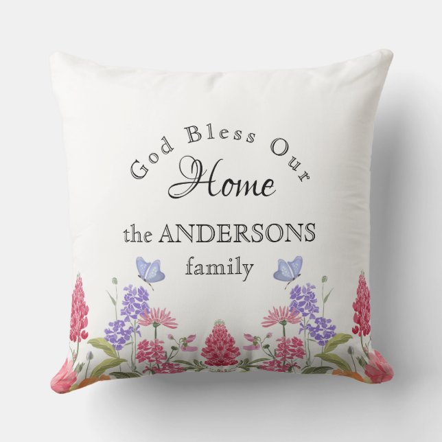 God Bless Our Home White Wildflower Family Name Cushion (Back)