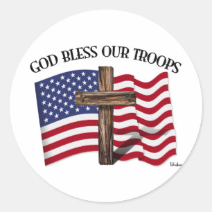 God Bless Our Troops with rugged cross and US flag Classic Round Sticker