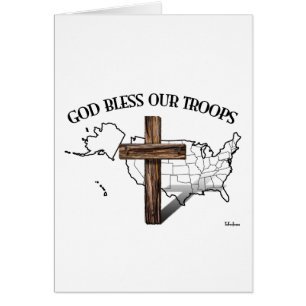 God Bless Our Troops with rugged cross & US outine