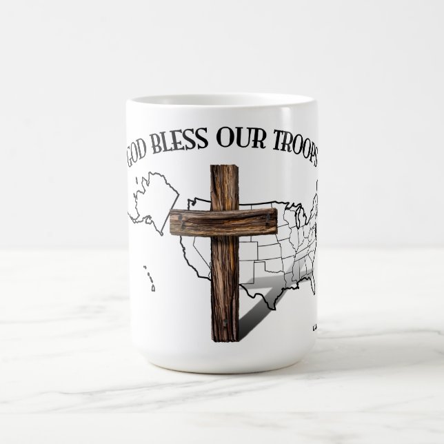 God Bless Our Troops with rugged cross & US outine Coffee Mug (Center)