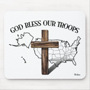 God Bless Our Troops with rugged cross & US outine Mouse Mat