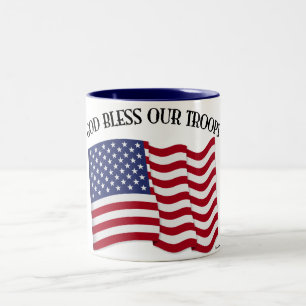 God Bless Our Troops with US flag Two-Tone Coffee Mug