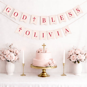 God Bless Pink & Red 6 Letters Baptism & Communion Bunting