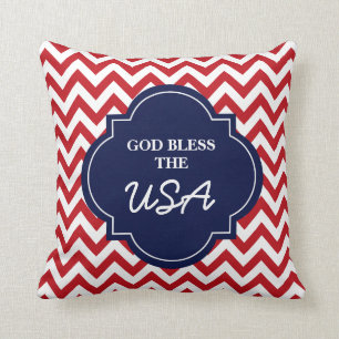 God Bless The USA, Red White Blue Chevron Stripes Cushion