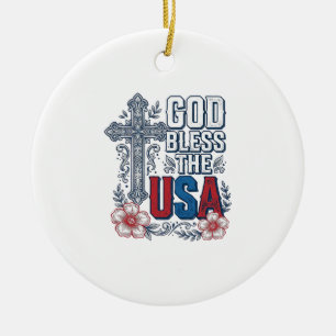 God Bless The USA Vintage Cross Patriotic Shirt (2 Ceramic Tree Decoration