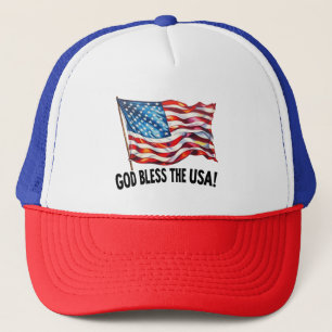God Bless the USA Waving American Flag Art July 4 Trucker Hat