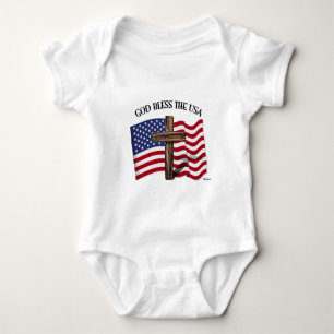 GOD BLESS THE USA with rugged cross & US flag Baby Bodysuit