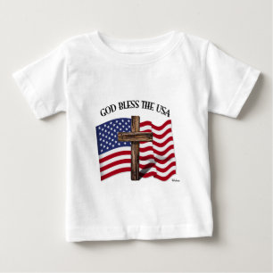 GOD BLESS THE USA with rugged cross & US flag Baby T-Shirt