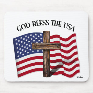 GOD BLESS THE USA with rugged cross & US flag Mouse Mat