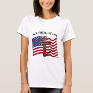 GOD BLESS THE USA with rugged cross & US flag T-Shirt