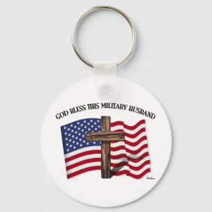 GOD BLESS THIS MILITARY HUSBAND rugged cross & US Key Ring