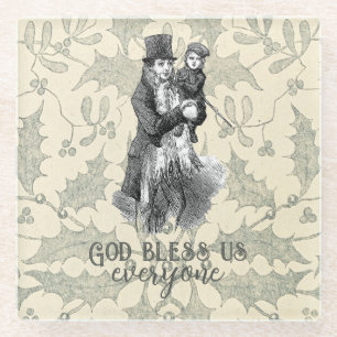 God bless us everyone Dickens Christmas Carol Glass Coaster