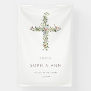 God Bless Welcome Meadow wildflower cross Baptism Banner