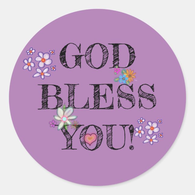 ‘God Bless You’ Christian Floral Purple  Classic Round Sticker (Front)