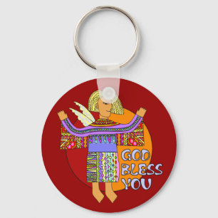 God Bless You   dark red Key Ring