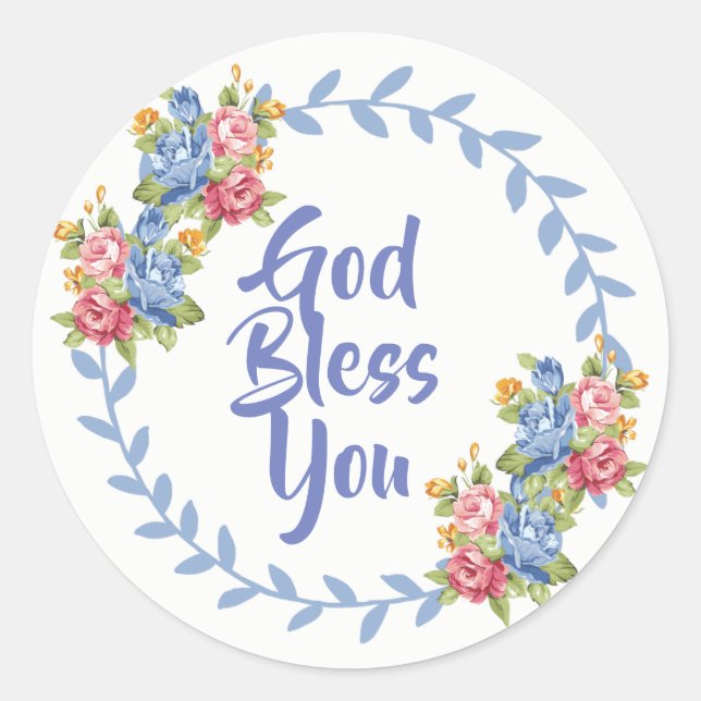 God Bless You Floral Wreath Classic Round Sticker (Front)