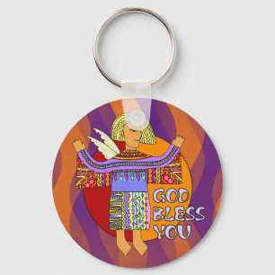God Bless You orange violet waves Key Ring