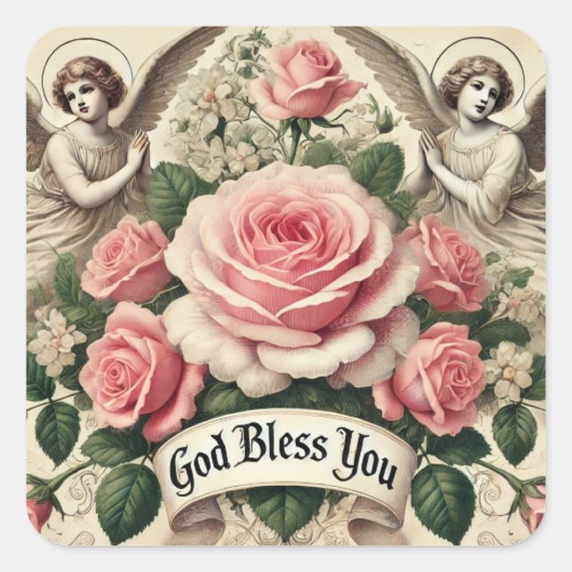 God Bless You Roses Angels Religious Square Sticker (Front)