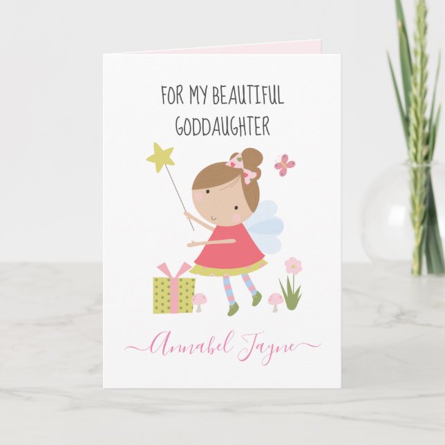 God daughter birthday fairy girls pink whimsical card (Front)