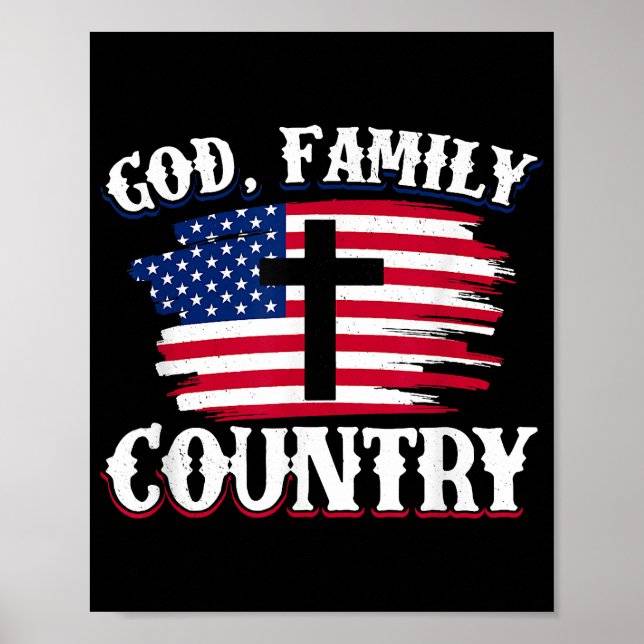 God Family Country American Flag Cross Christian P Poster (Front)