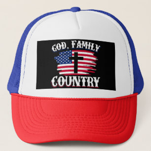God Family Country American Flag Cross Christian P Trucker Hat