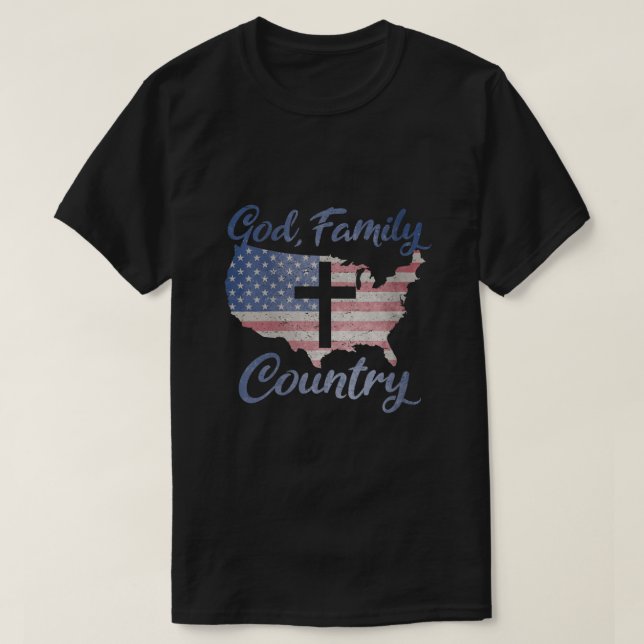 GOD FAMILY COUNTRY Christian Cross American Flag L T-Shirt (Design Front)