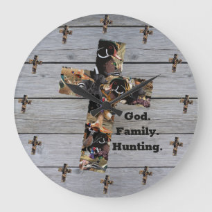 God, Family, Hunting Christian Cross Large Clock