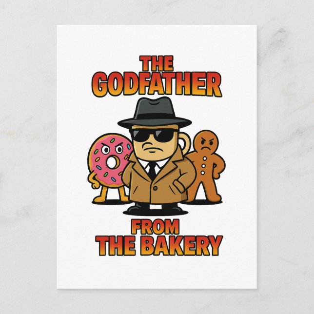 God Father from Bakery – Cartoon Coffee & Doughnut Postcard (Front)