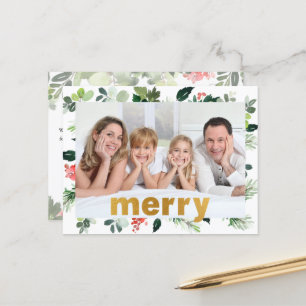 God Foil Merry Festive Greenery Personalized Photo Holiday Postcard