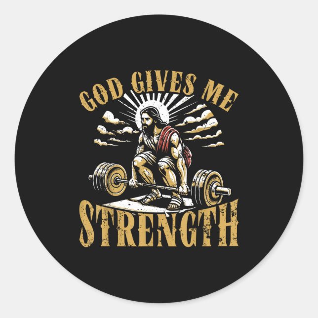God Gives Me Strength Christian Gym Workout Motiva Classic Round Sticker (Front)