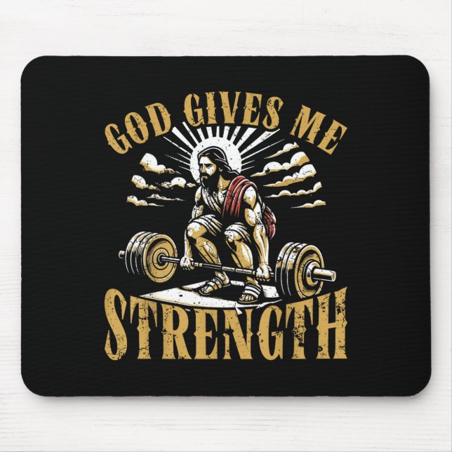 God Gives Me Strength Christian Gym Workout Motiva Mouse Mat (Front)