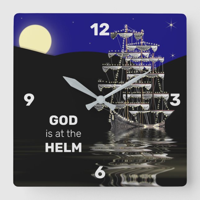 GOD IS AT THE HELM SHIP CLOCK, CHRISTIAN SQUARE WALL CLOCK (Front)