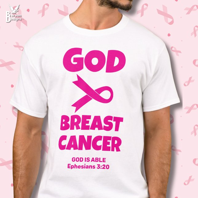 GOD IS BIGGER THAN BREAST CANCER Christian T-Shirt (GOD IS BIGGER THAN BREAST CANCER Christian tee with customizable Bible verse. Pink ribbon math sign.)