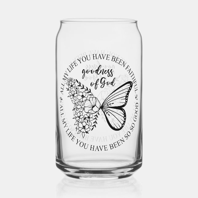 God Is Good Butterfly Floral Can Glass (Front)