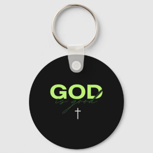 God Is Good Green And White Typographic Christian Key Ring