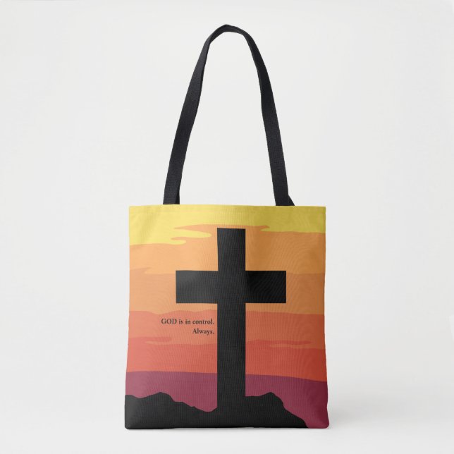 God Is In Control. Jesus, Cross, Bible, Religious Tote Bag (Front)