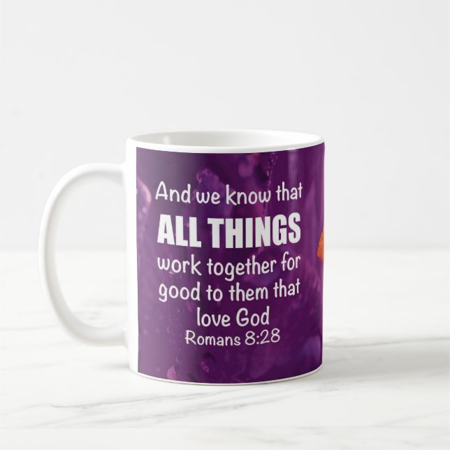 GOD IS IN CONTROL Romans 8:28 Christian Scripture Coffee Mug (Left)